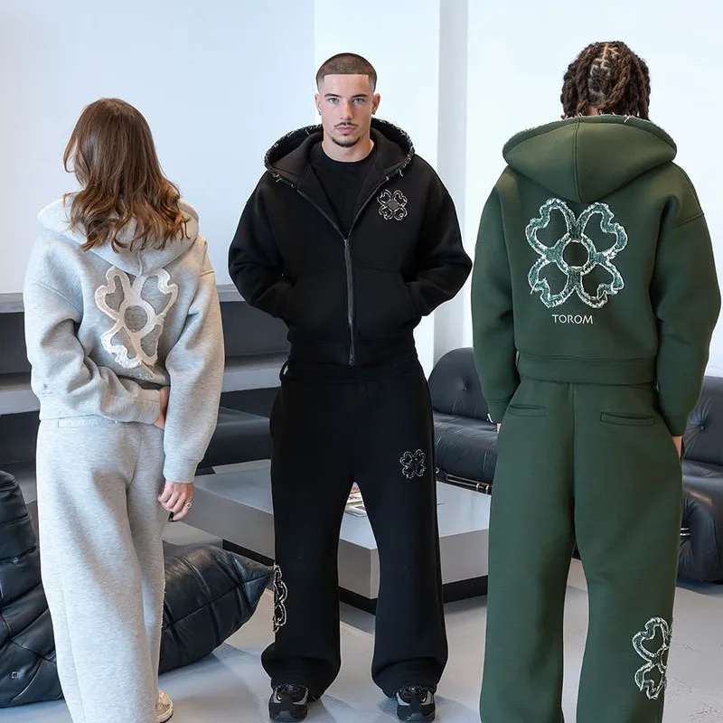 Streetwear Zipper - 봄 가을 오버사이즈 네잎 클로버 아플리케